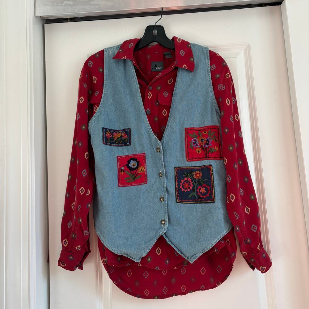 VTG 2 Pc Country Farm Western Button Down Patchwork Vest S Ranch Southwest